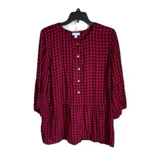 J. Jill Gingham Plaid Button Front Peplum Blouse Size M Oversized Fit